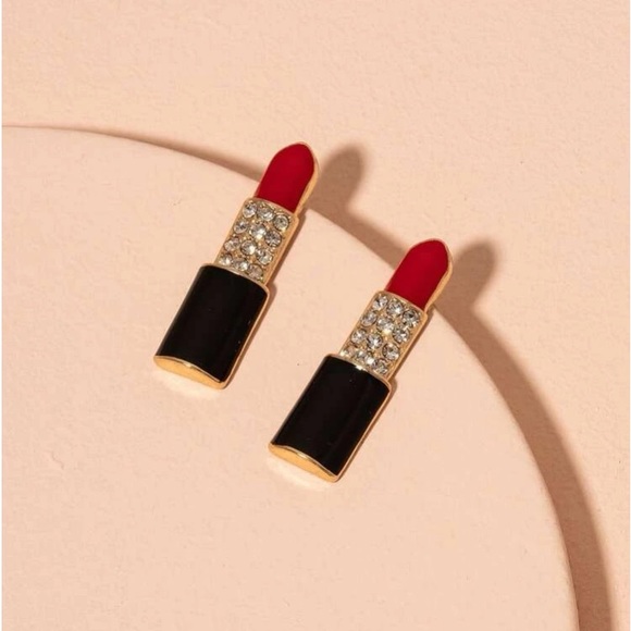 Ooh-La-LaLipstick💄💎Fun Rhinestone Pavé Earrings Red Black & Gold - Picture 3 of 8
